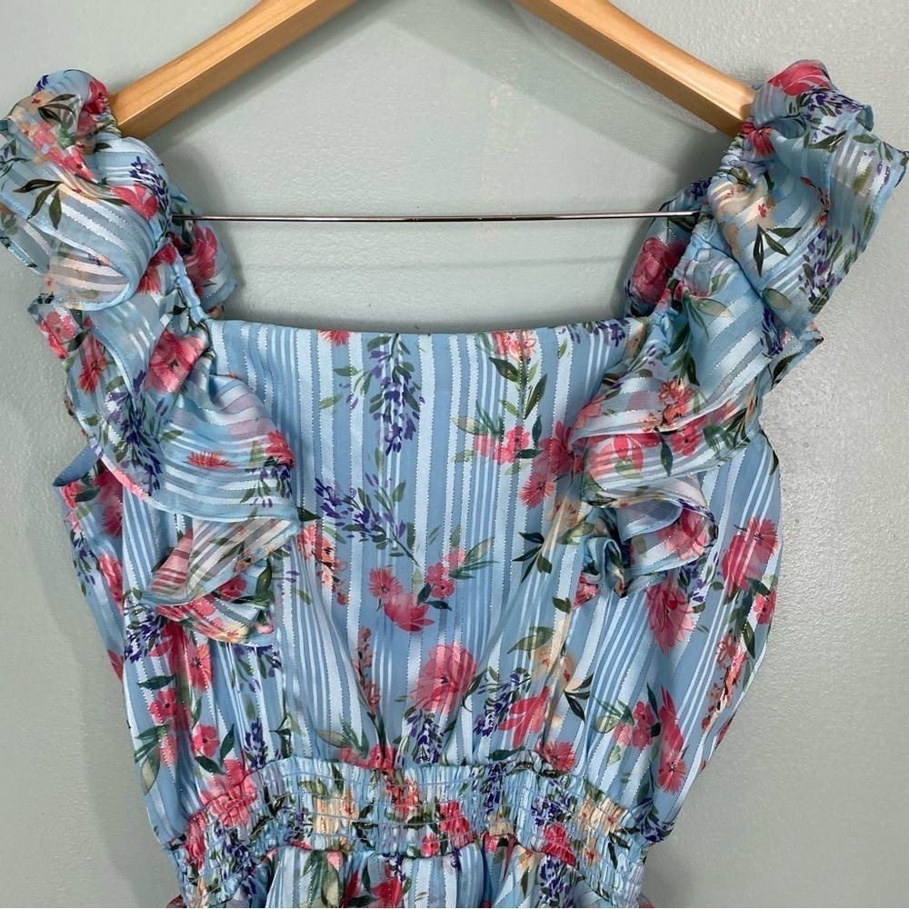 Yumi Kim Eden Mulberry Angel Floral Dress Sz M Ruffle Fairy Mini Blue Metallic - Picture 6 of 6